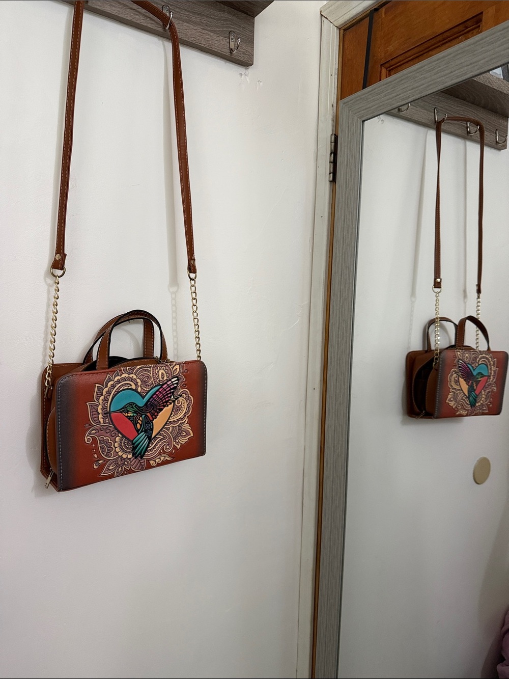 Brown Hummingbird-Print Crossbody Bag